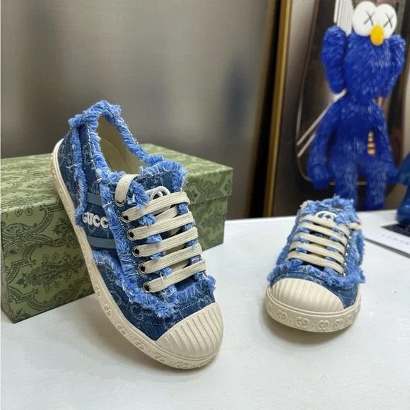 Gucci Frayed Blue Denim Sneakers - Picture 1 of 6